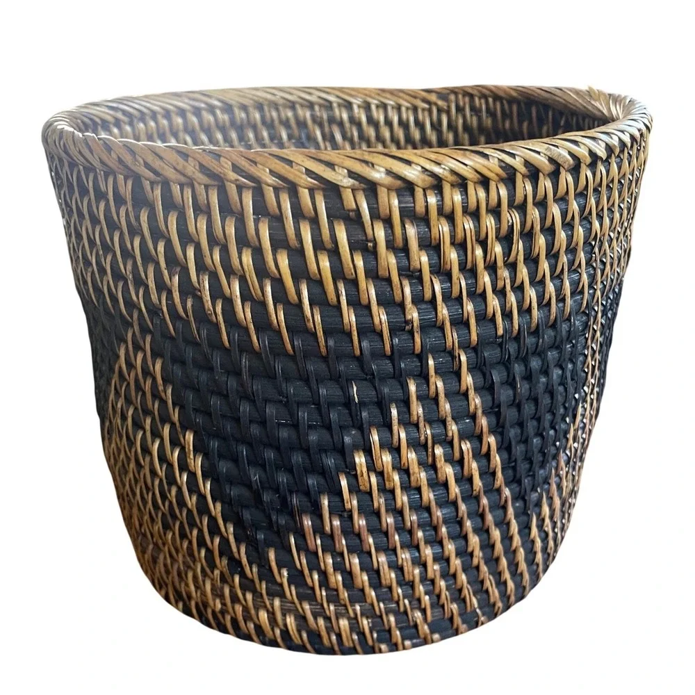 Handwoven Rattan‎ Basket Two Tone Black Natural Geometric Boho Decor Indonesia